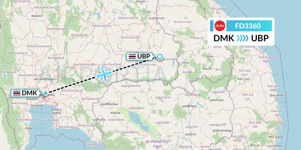 FD3360 Thai AirAsia Flight Map: Bangkok to Ubon Ratchathani