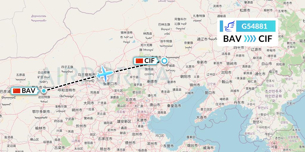 G54881 China Express Airlines Flight Map: Baotou to Chifeng