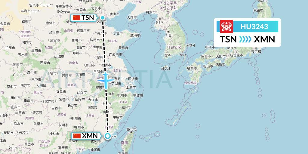 HU3243 Hainan Airlines Flight Map: Tianjin to Xiamen