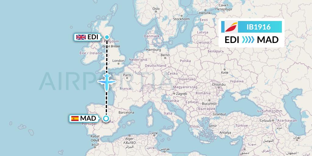 IB1916 Iberia Flight Map: Edinburgh to Madrid