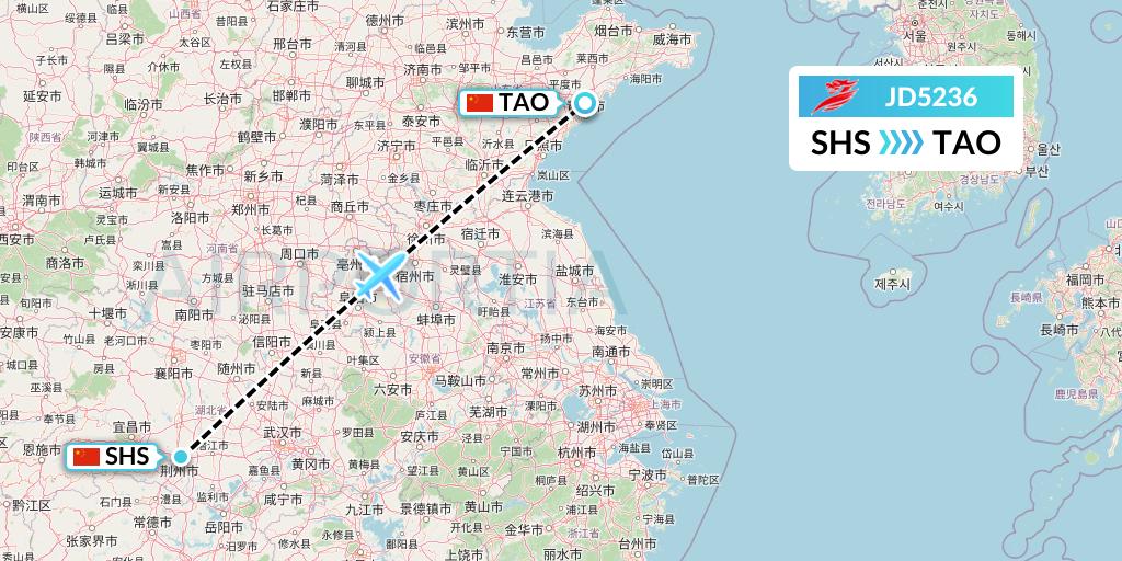JD5236 Capital Airlines Flight Map: Shashi to Qingdao