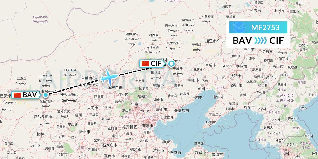 MF2753 Xiamen Airlines Flight Map: Baotou to Chifeng