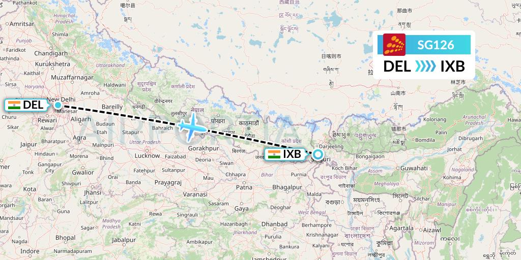 SG126 SpiceJet Flight Map: Delhi to Siliguri