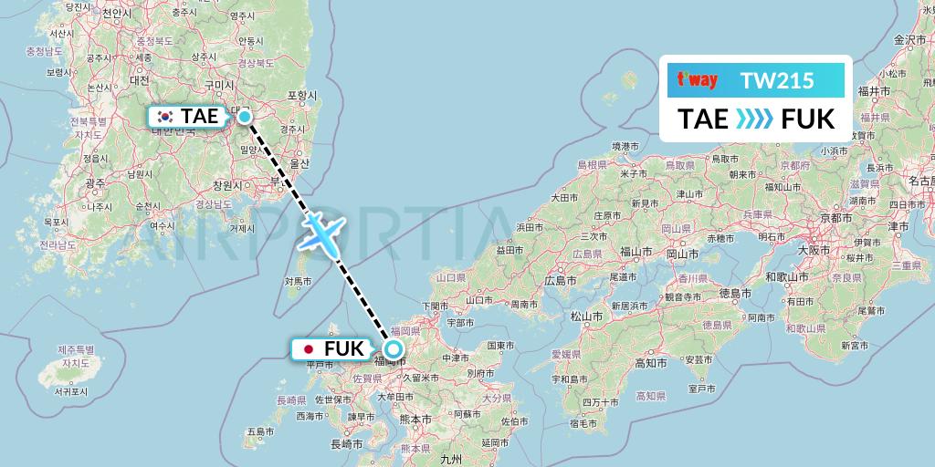 TW215 T'way Air Flight Map: Daegu to Fukuoka
