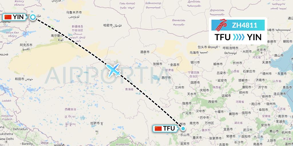 ZH4811 Shenzhen Airlines Flight Map: Chengdu to Yining