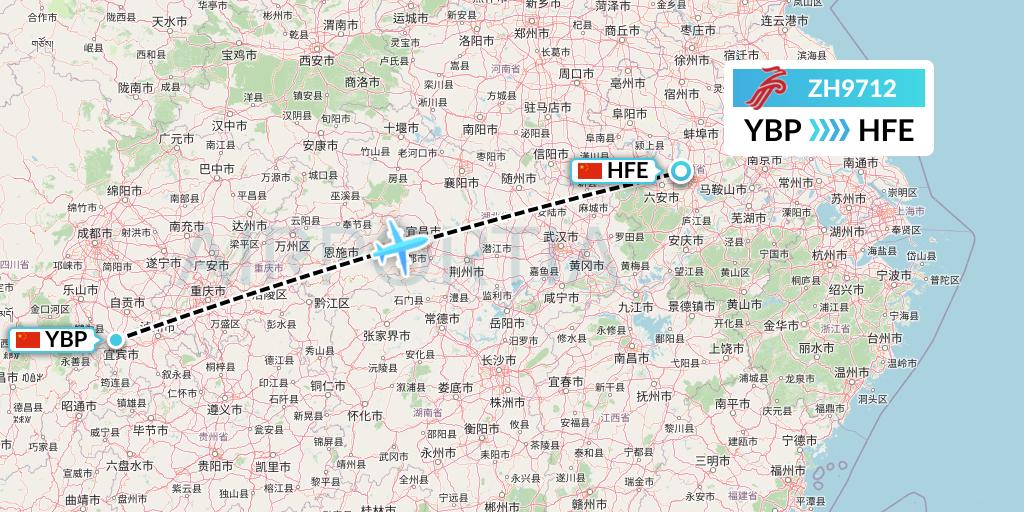 ZH9712 Shenzhen Airlines Flight Map: Yibin to Hefei