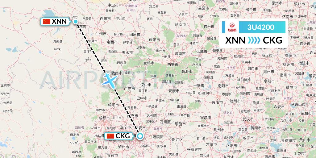 3U4200 Sichuan Airlines Flight Map: Xining to Chongqing