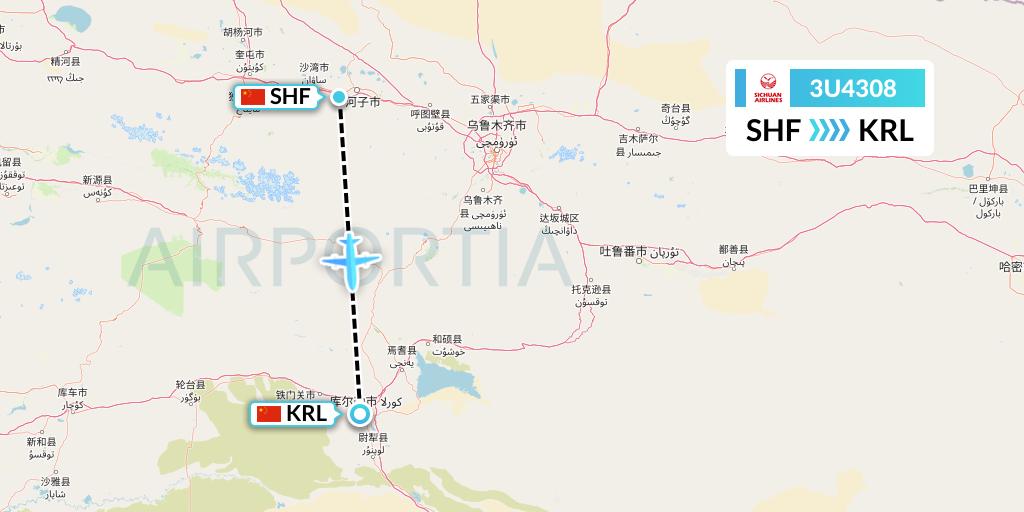 3U4308 Sichuan Airlines Flight Map: Shihezi to Korla