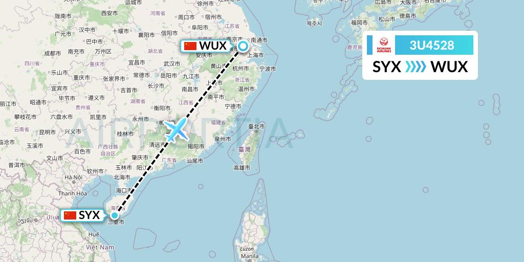 3U4528 Sichuan Airlines Flight Map: Sanya to Wuxi