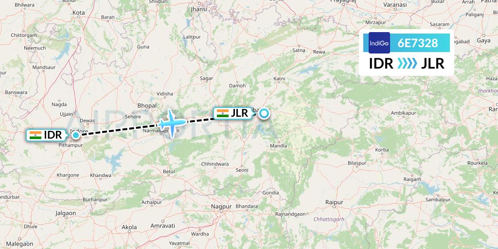 6E7328 IndiGo Airlines Flight Map: Indore to Jabalpur