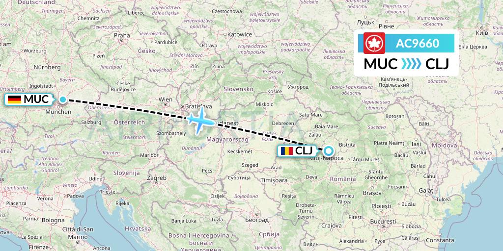 AC9660 Air Canada Flight Map: Munich to Cluj-Napoca