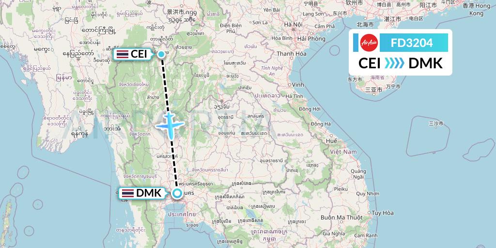 FD3204 Thai AirAsia Flight Map: Chiang Rai to Bangkok