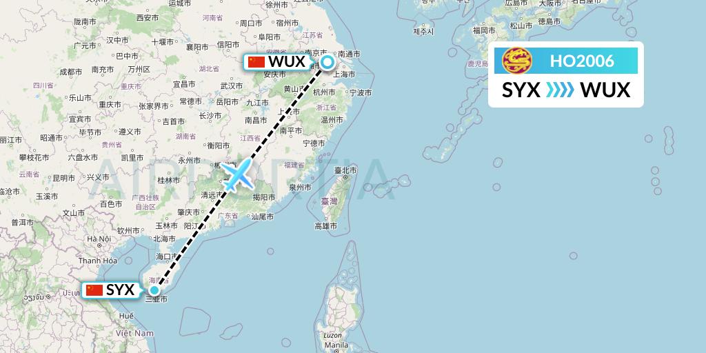 HO2006 Juneyao Airlines Flight Map: Sanya to Wuxi