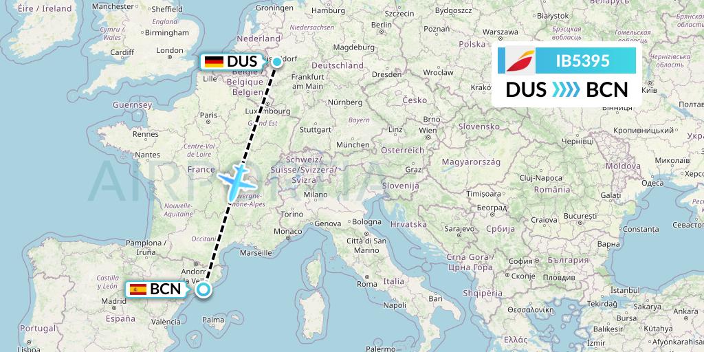 IB5395 Iberia Flight Map: Dusseldorf to Barcelona