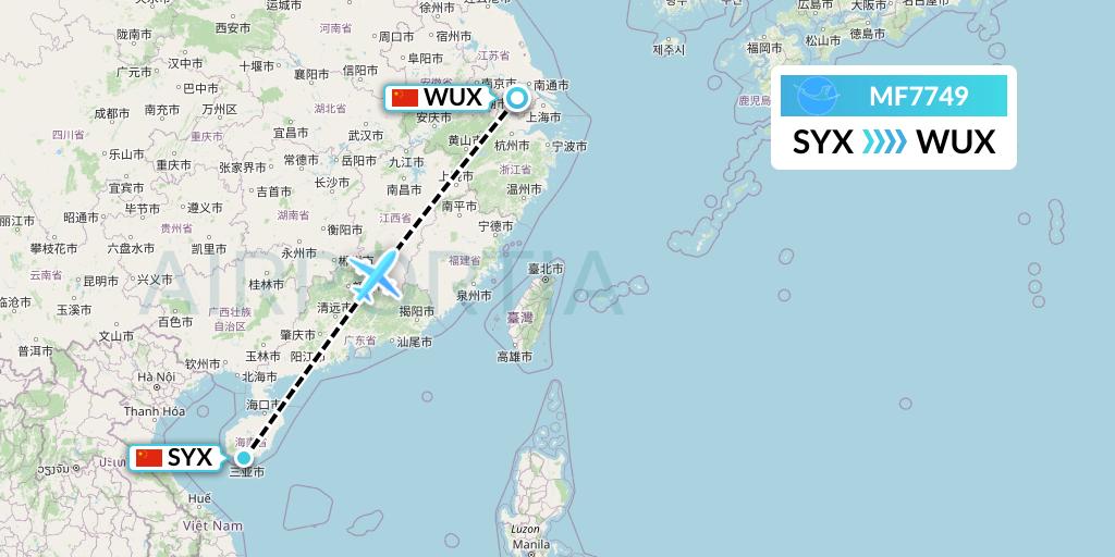 MF7749 Xiamen Airlines Flight Map: Sanya to Wuxi