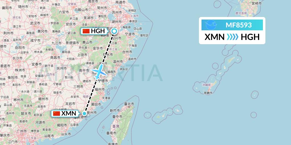 MF8593 Xiamen Airlines Flight Map: Xiamen to Hangzhou