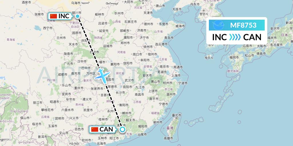 MF8753 Xiamen Airlines Flight Map: Yinchuan to Guangzhou