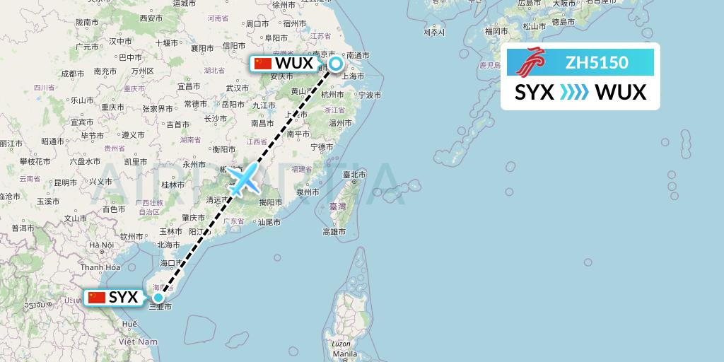 ZH5150 Shenzhen Airlines Flight Map: Sanya to Wuxi
