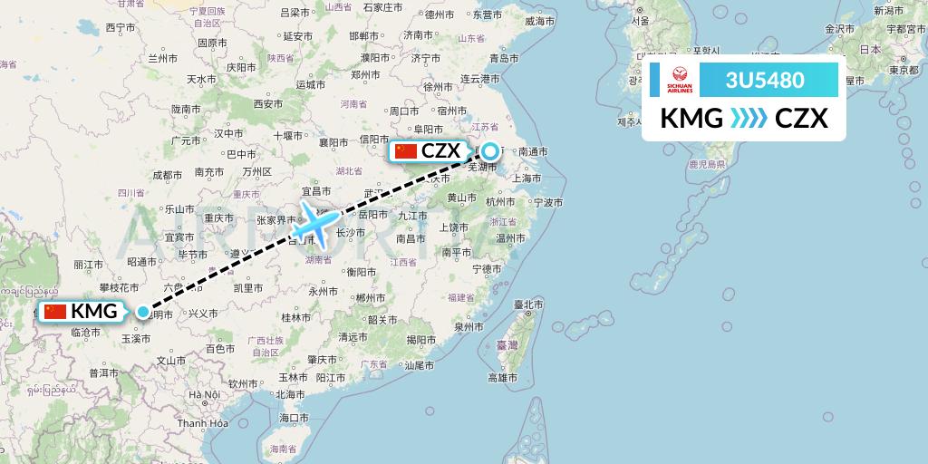 3U5480 Sichuan Airlines Flight Map: Kunming to Changzhou