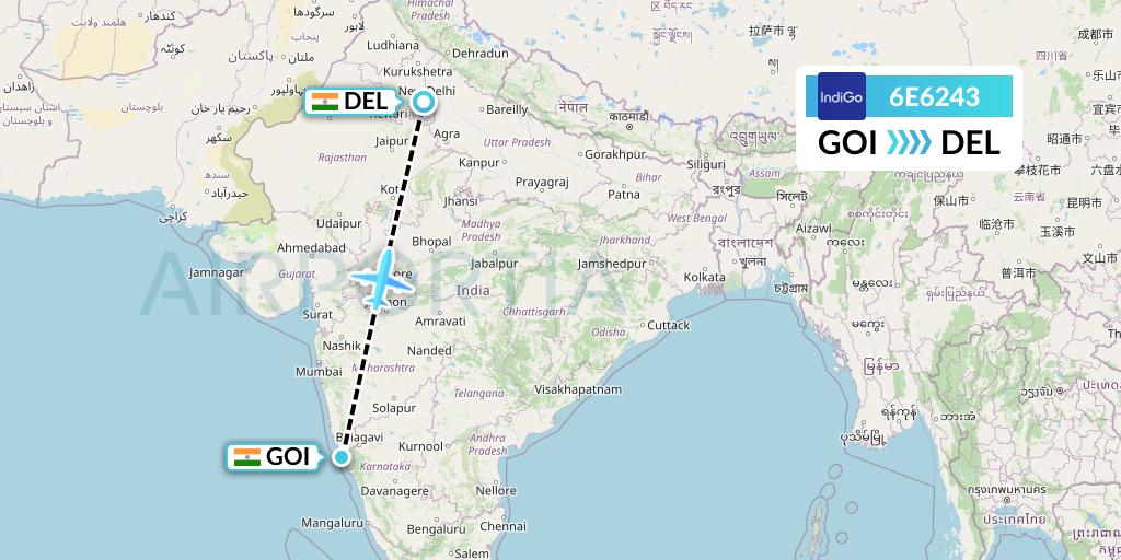 6E6243 IndiGo Airlines Flight Map: Goa to Delhi