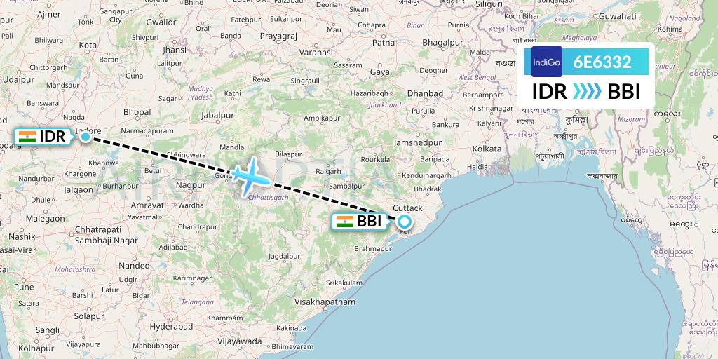 6E6332 IndiGo Airlines Flight Map: Indore to Bhubaneswar