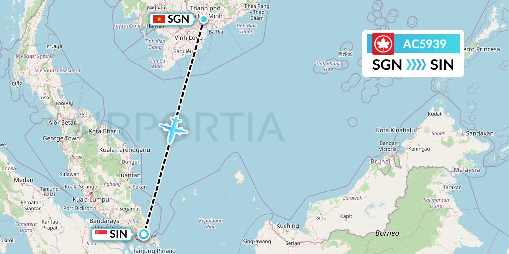 AC5939 Air Canada Flight Map: Ho Chi Minh City to Singapore