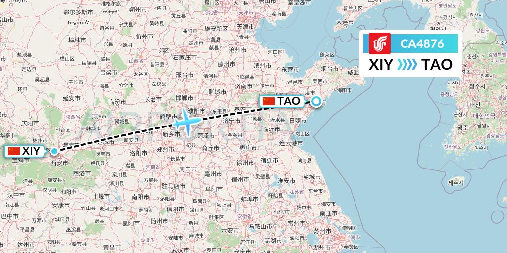 CA4876 Air China Flight Map: Xi'an to Qingdao
