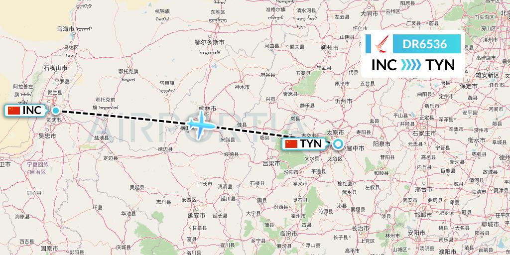DR6536 Ruili Airlines Flight Map: Yinchuan to Taiyuan