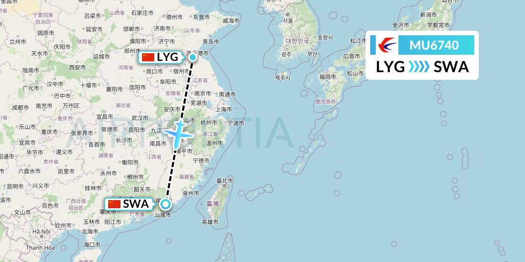MU6740 China Eastern Airlines Flight Map: Lianyungang to Jieyang