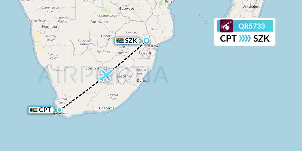 QR5733 Qatar Airways Flight Map: Cape Town to Skukuza