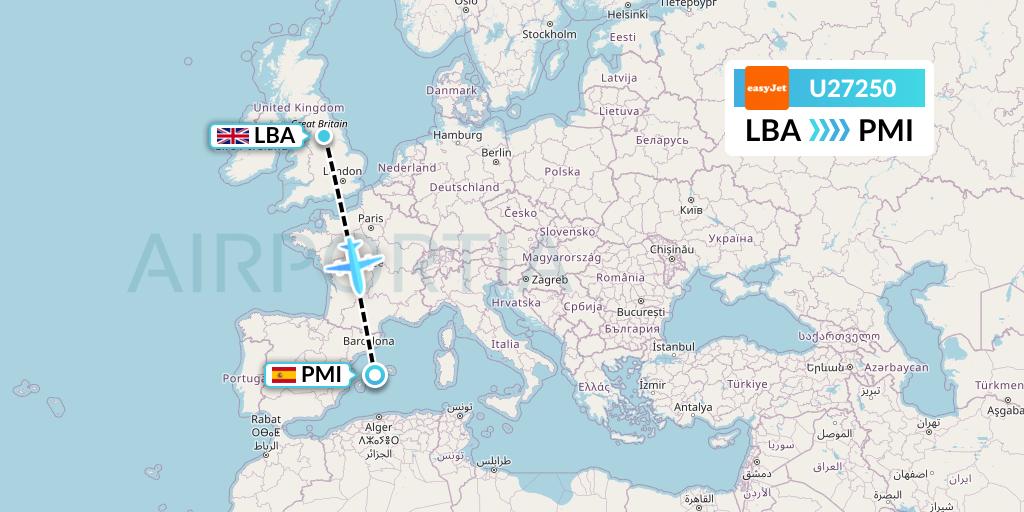 U27250 EasyJet Flight Map: Leeds to Palma de Mallorca