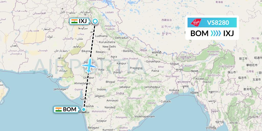 VS8280 Virgin Atlantic Airways Flight Map: Mumbai to Jammu
