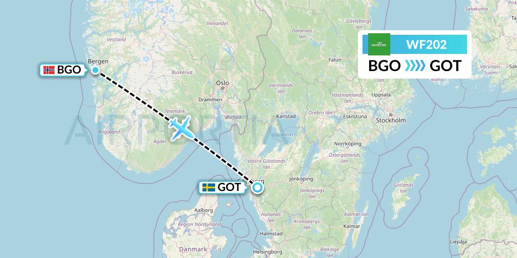 WF202 Wideroe Flight Map: Bergen to Gothenburg