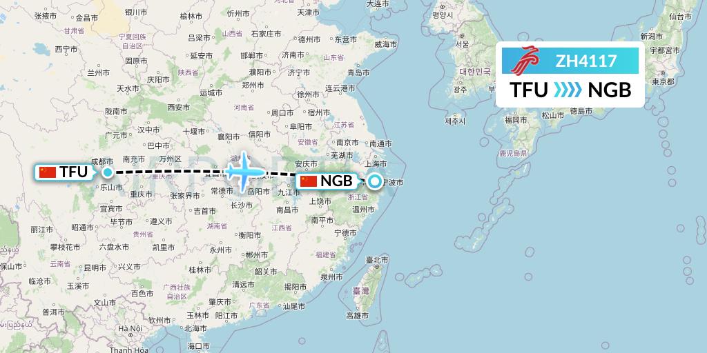 ZH4117 Shenzhen Airlines Flight Map: Chengdu to Ningbo