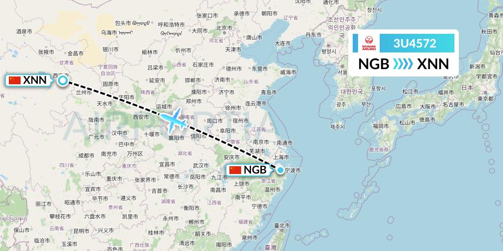 3U4572 Sichuan Airlines Flight Map: Ningbo to Xining