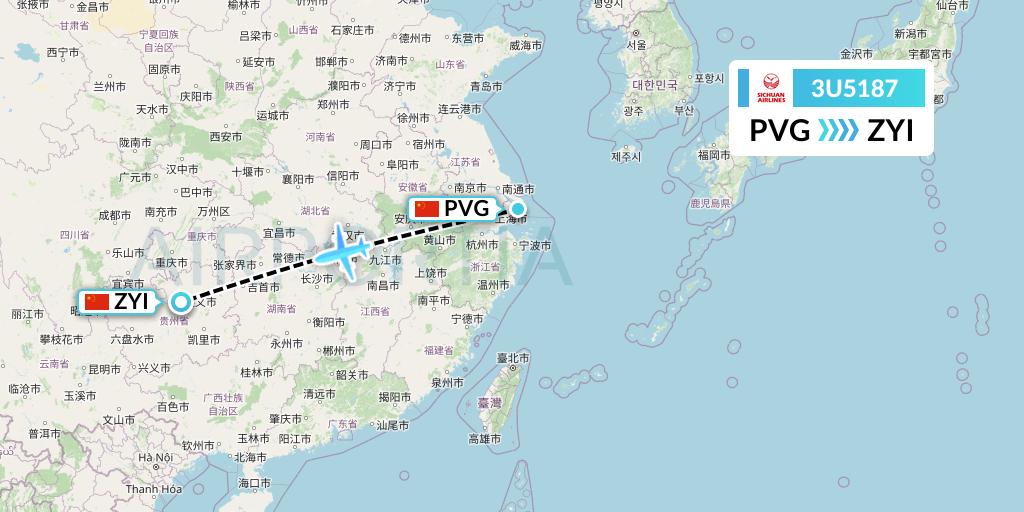 3U5187 Sichuan Airlines Flight Map: Shanghai to Zunyi