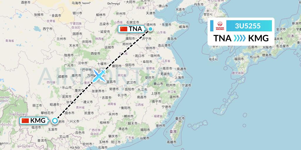 3U5255 Sichuan Airlines Flight Map: Jinan to Kunming