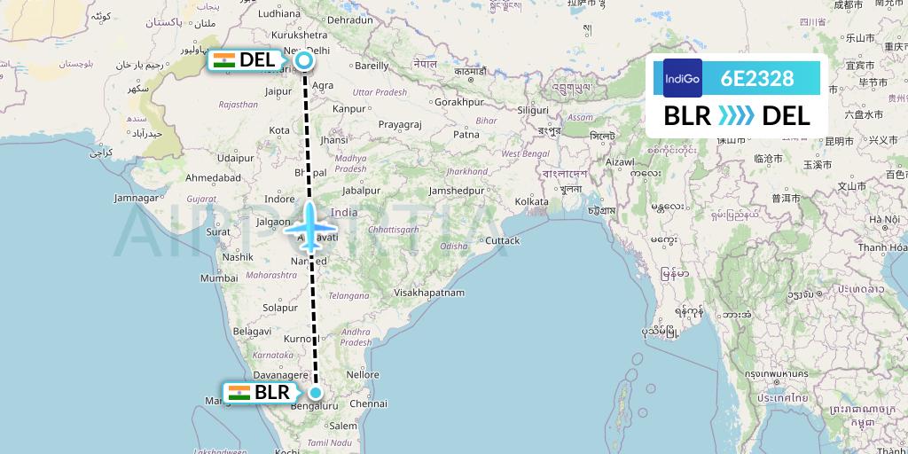 6E2328 IndiGo Airlines Flight Map: Bangalore to Delhi