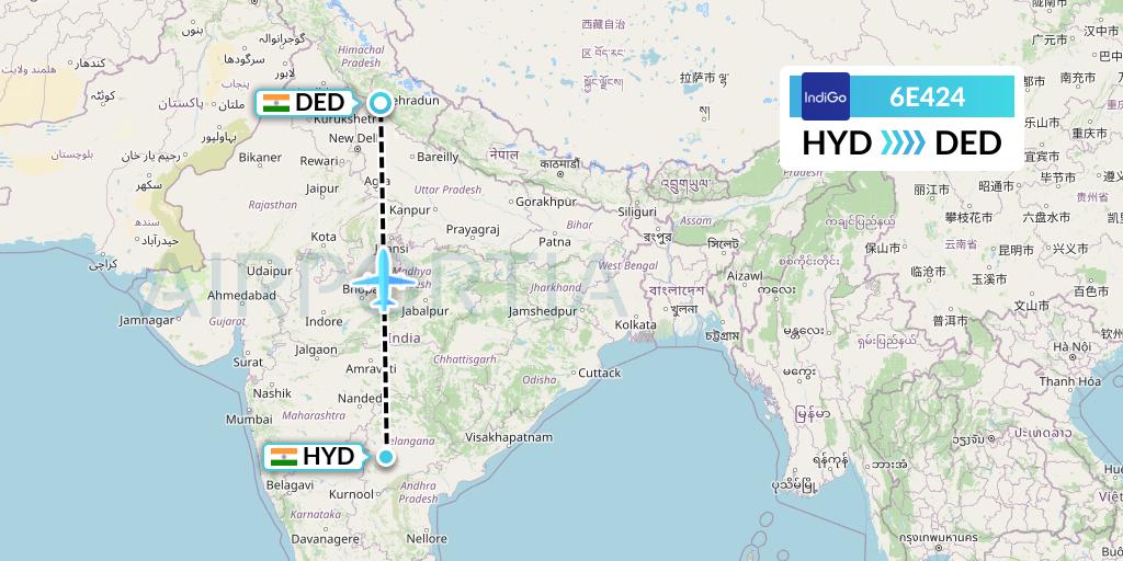6E424 IndiGo Airlines Flight Map: Hyderabad to Dehradun