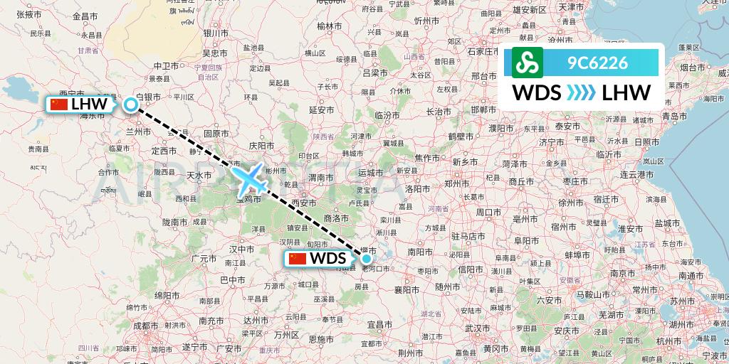 9C6226 Spring Airlines Flight Map: Shiyan to Lanzhou