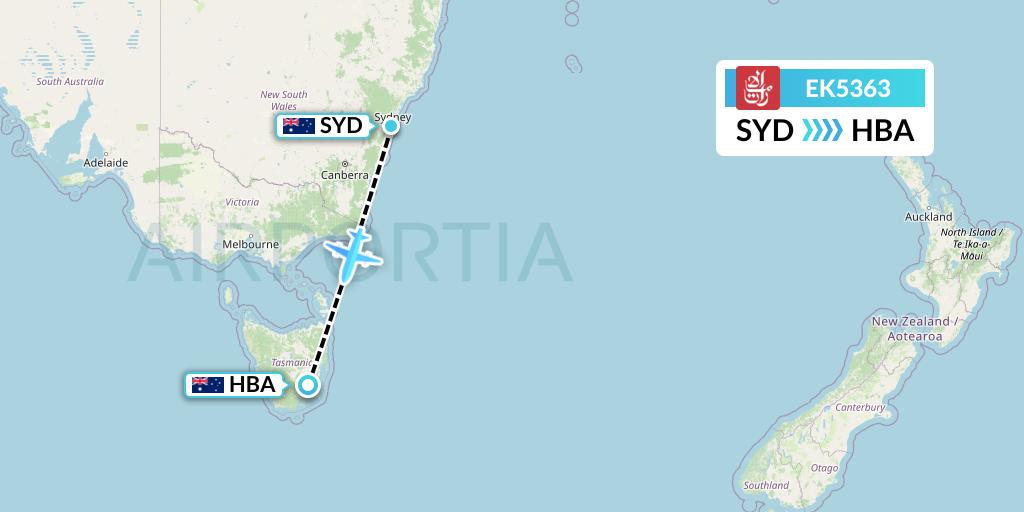 EK5363 Emirates Flight Map: Sydney to Hobart