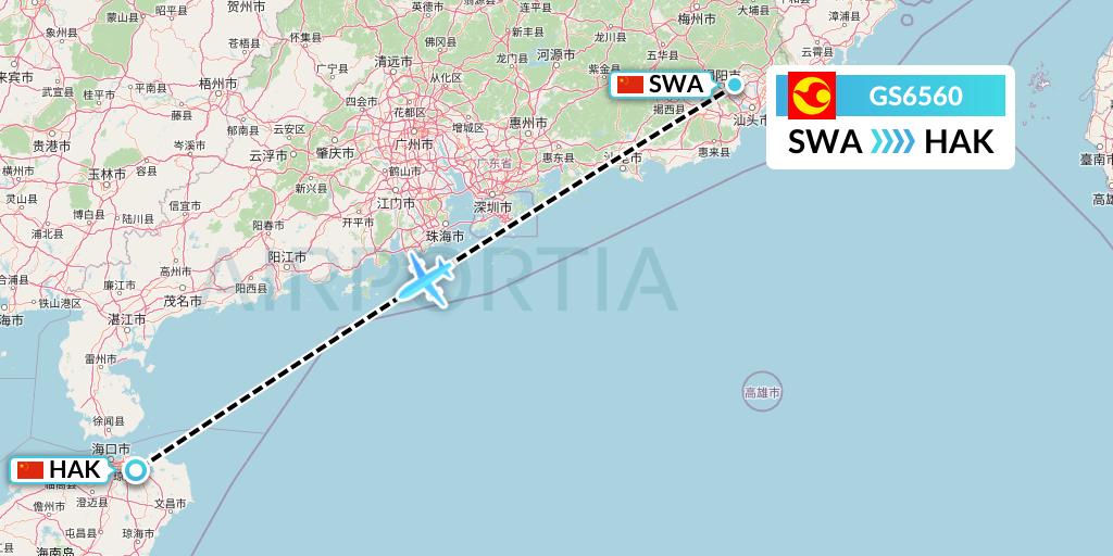 GS6560 Tianjin Airlines Flight Map: Jieyang to Haikou