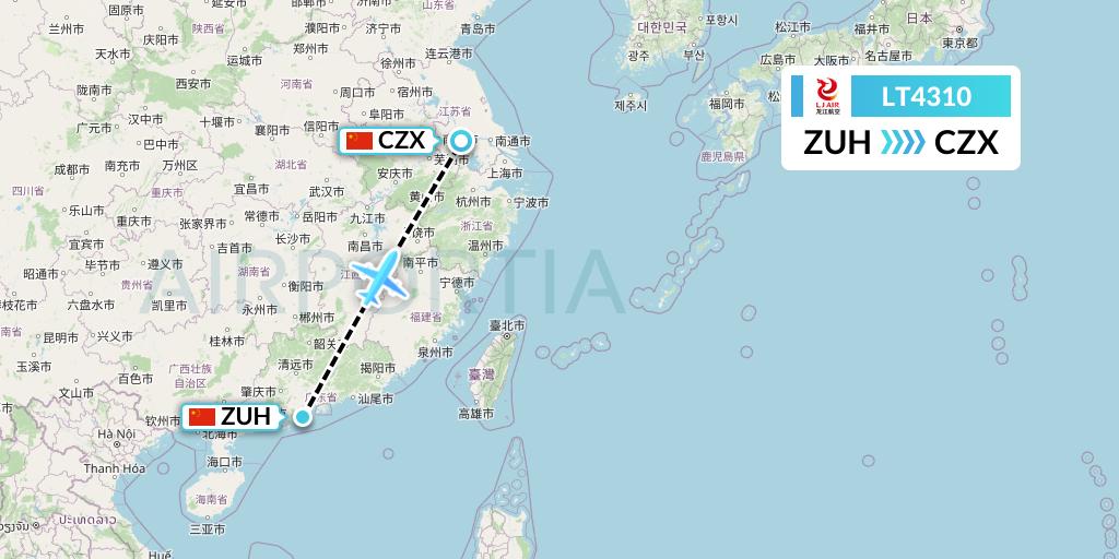 LT4310 LongJiang Airlines Flight Map: Zhuhai to Changzhou
