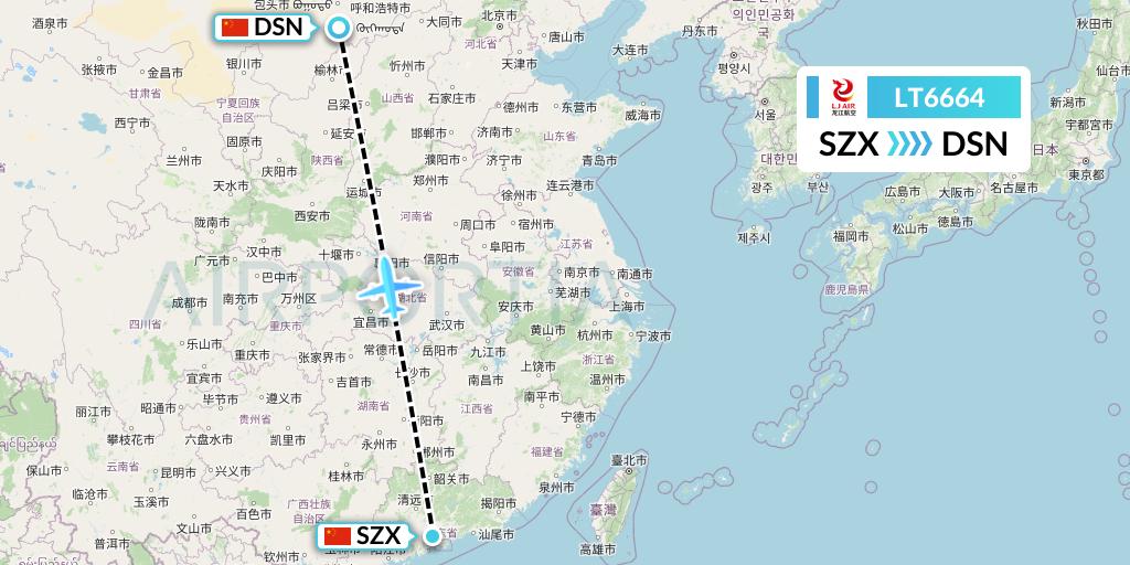 LT6664 LongJiang Airlines Flight Map: Shenzhen to Dongsheng