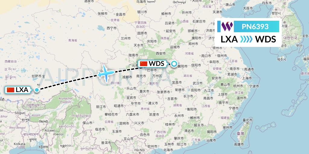 PN6393 China West Air Flight Map: Lhasa to Shiyan