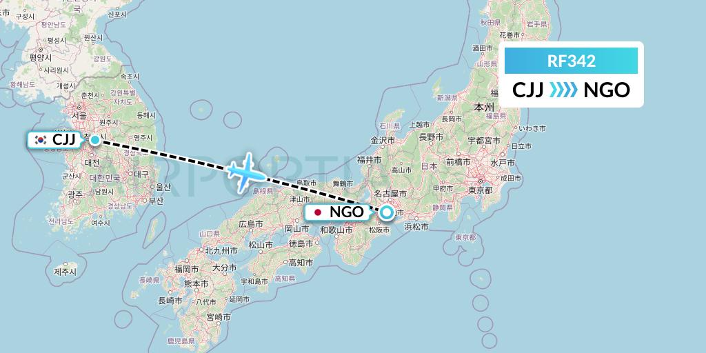 RF342 Aero K Airlines Flight Map: Cheongju to Nagoya