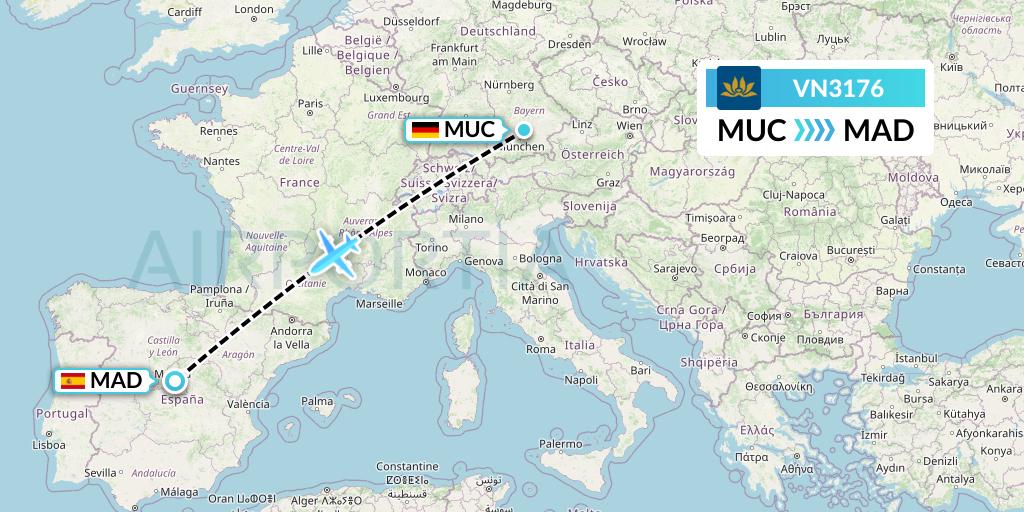 VN3176 Vietnam Airlines Flight Map: Munich to Madrid