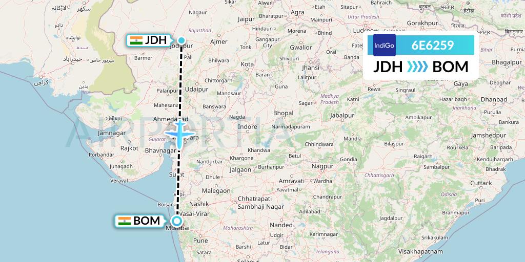 6E6259 IndiGo Airlines Flight Map: Jodhpur to Mumbai