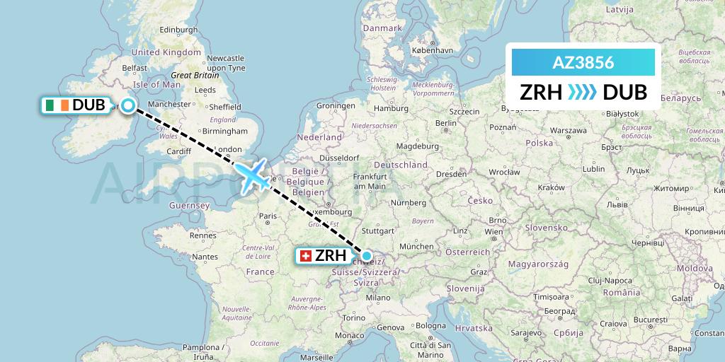 AZ3856 ITA Airways Flight Map: Zurich to Dublin