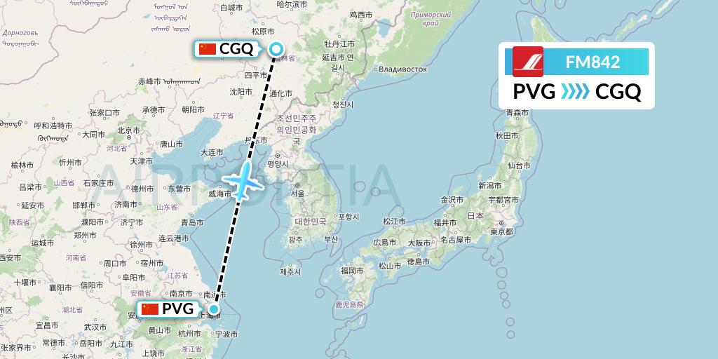 FM842 Shanghai Airlines Flight Map: Shanghai to Changchun